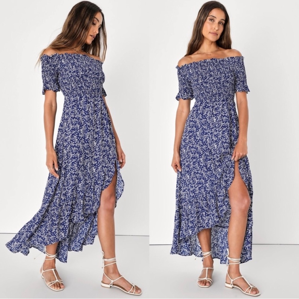 Lulus Fleur-Tation Navy Blue Floral Print Off-Shoulder Midi Dress | Small